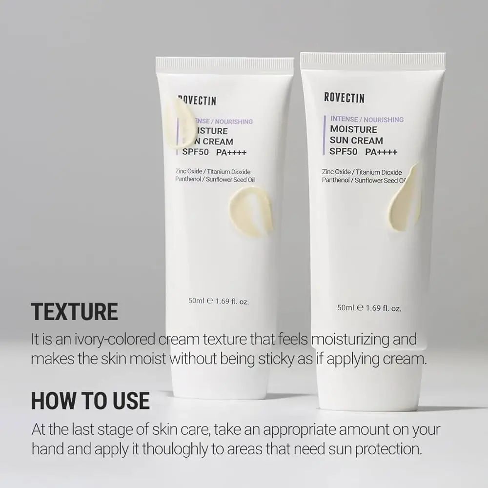 Zwei weiße Tuben mit Produktaufschrift. Text: ROVECTIN, INTENSE/NOURISHING, MOISTURE SUN CREAM SPF50 PA++++. Text über Textur und Anwendung.