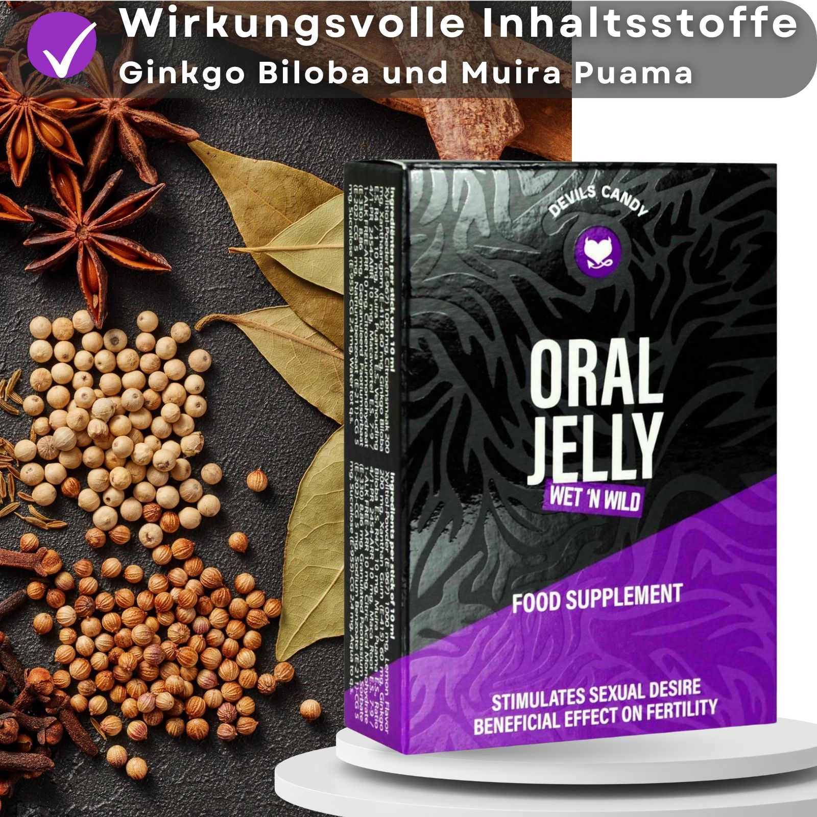 Produktverpackung mit Text. Gewürze und Kräuter im Hintergrund. Text: Oral Jelly, Food Supplement.