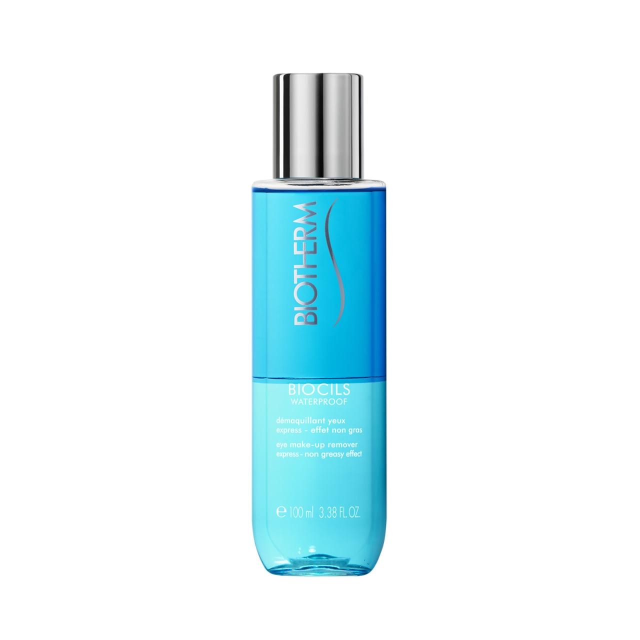 BIOTHERM Biocils wasserfester Augen-Make-Up-Entferner. Blaue Flasche mit silbernem Deckel. Produktname und Text auf der Flasche.