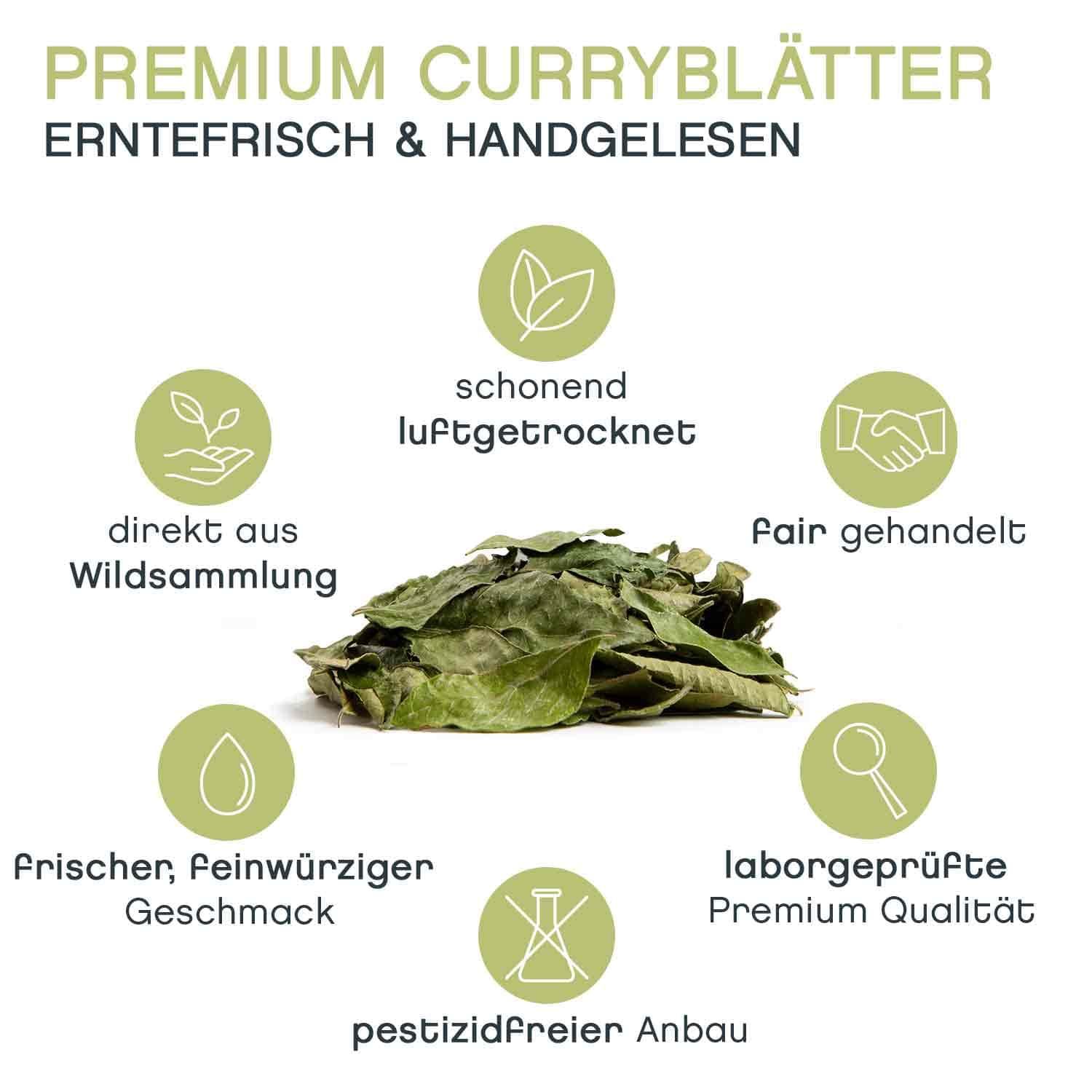 Infografik: Getrocknete Curryblätter umgeben von Icons, die 'Wildsammlung', 'luftgetrocknet', 'Fair gehandelt', 'Premium Qualität' und 'Pestizidfrei' symbolisieren.