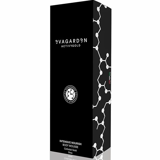 Schwarze Verpackung mit weißem Logo und Text. Enthält die Aufschrift "Eva Garden Active Gold Intensive Nourish Body Mousse".