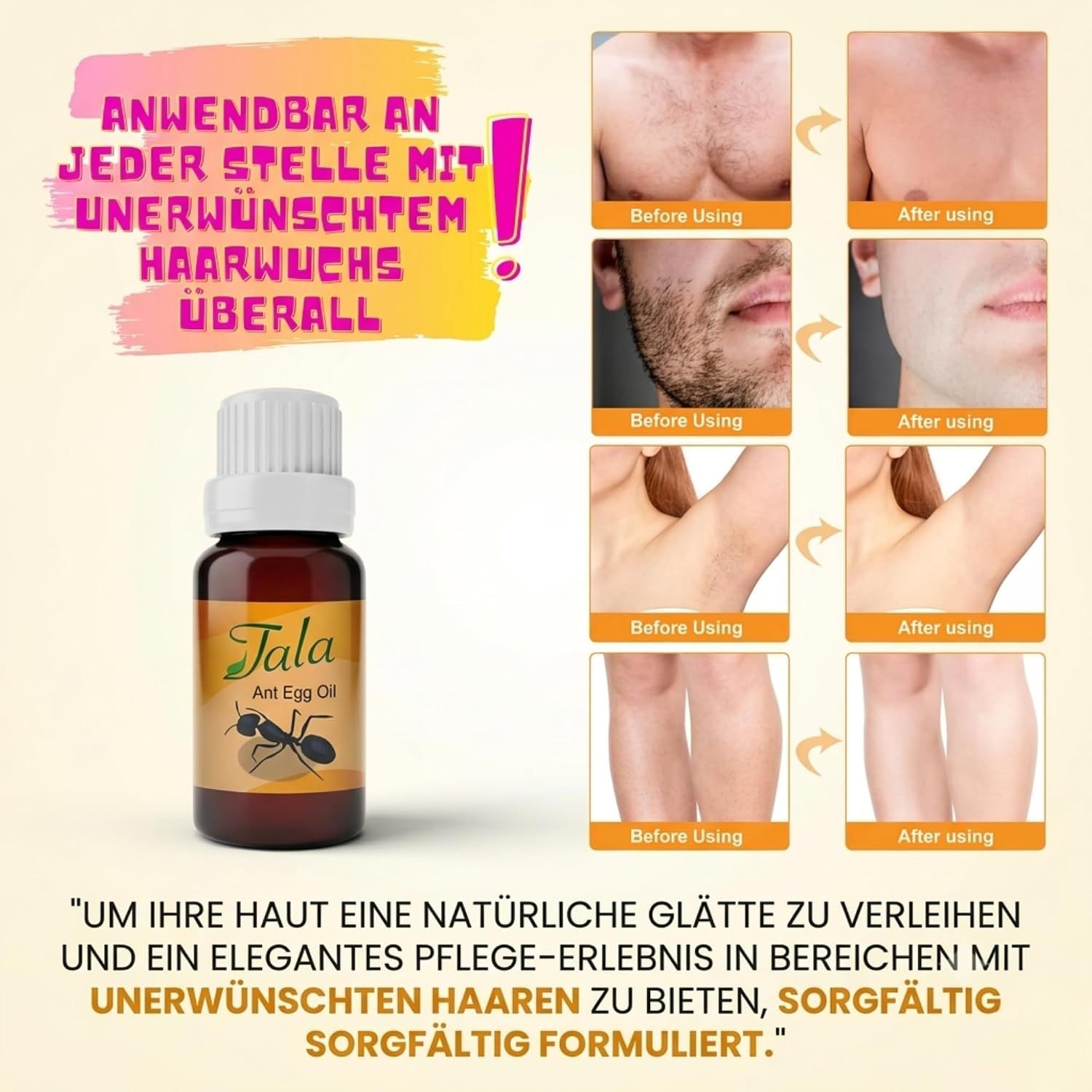 Flasche Tala Ant Egg Oil neben einem Raster aus Vorher/Nachher-Bildern von Körperhaaren.