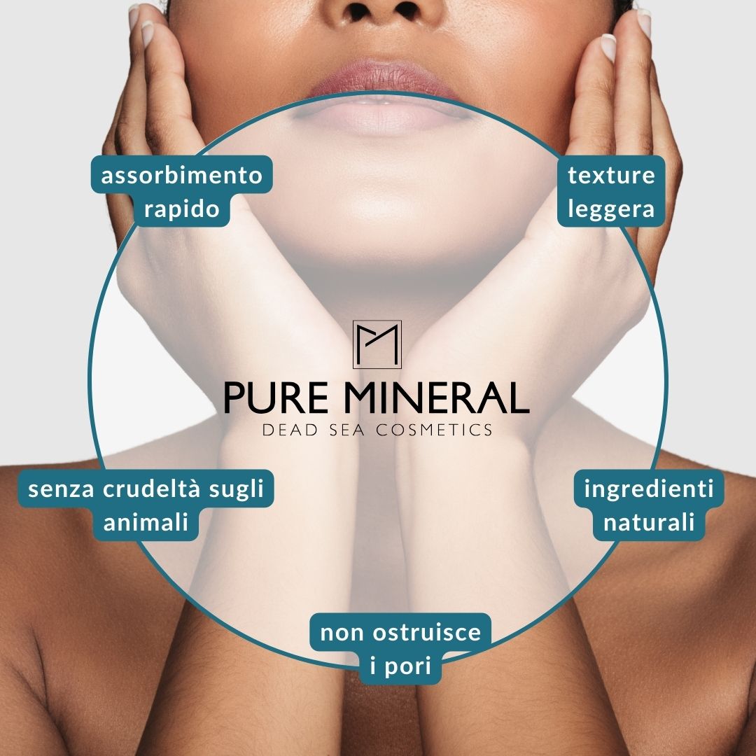 Viso di donna con mani. Testo: Assorbimento rapido, texture leggera, senza crudeltà, ingredienti naturali.