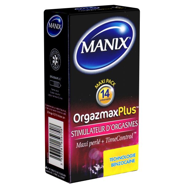 Schwarze Verpackung mit "MANIX" Logo und Produktnamen "OrgazmaxPlus". Enthält 14 Kondome. Text: "Maxi perlé + TimeControl".