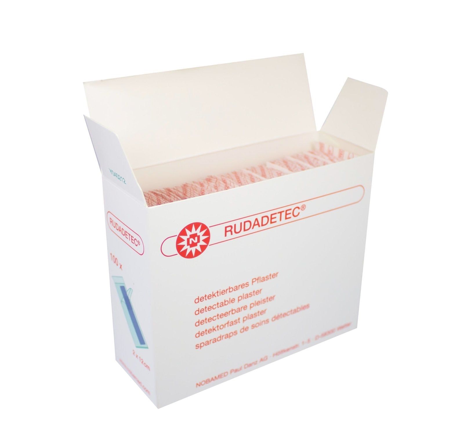 Geöffnete Verpackung mit Pflasterstrips. Auf der Verpackung ist der Markenname Rudadetec sichtbar.