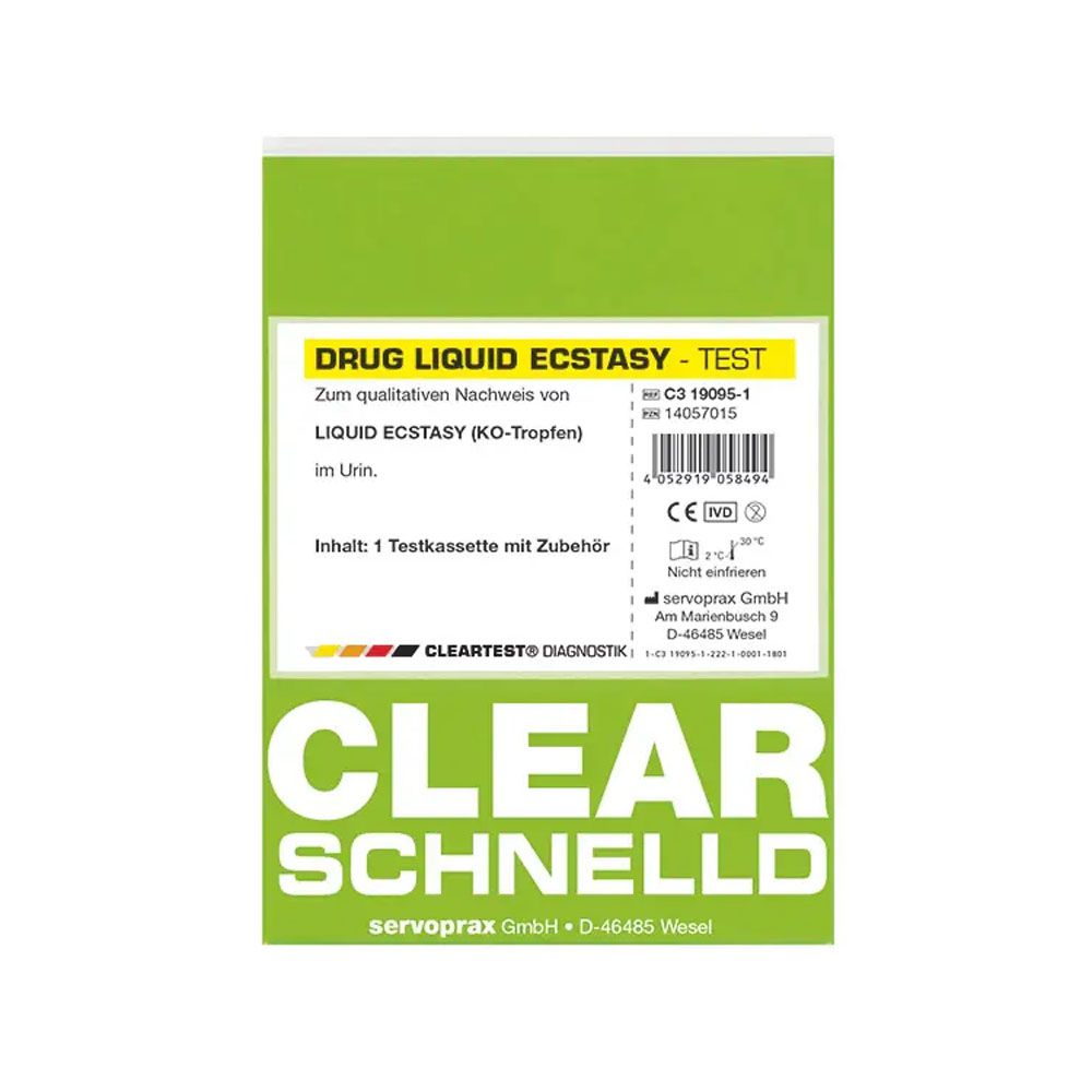 Verpackung Cleartest Drogentest. Aufschrift: Drug Liquid Ecstasy - Test. Enthält Testkassette mit Zubehör. Barcode.