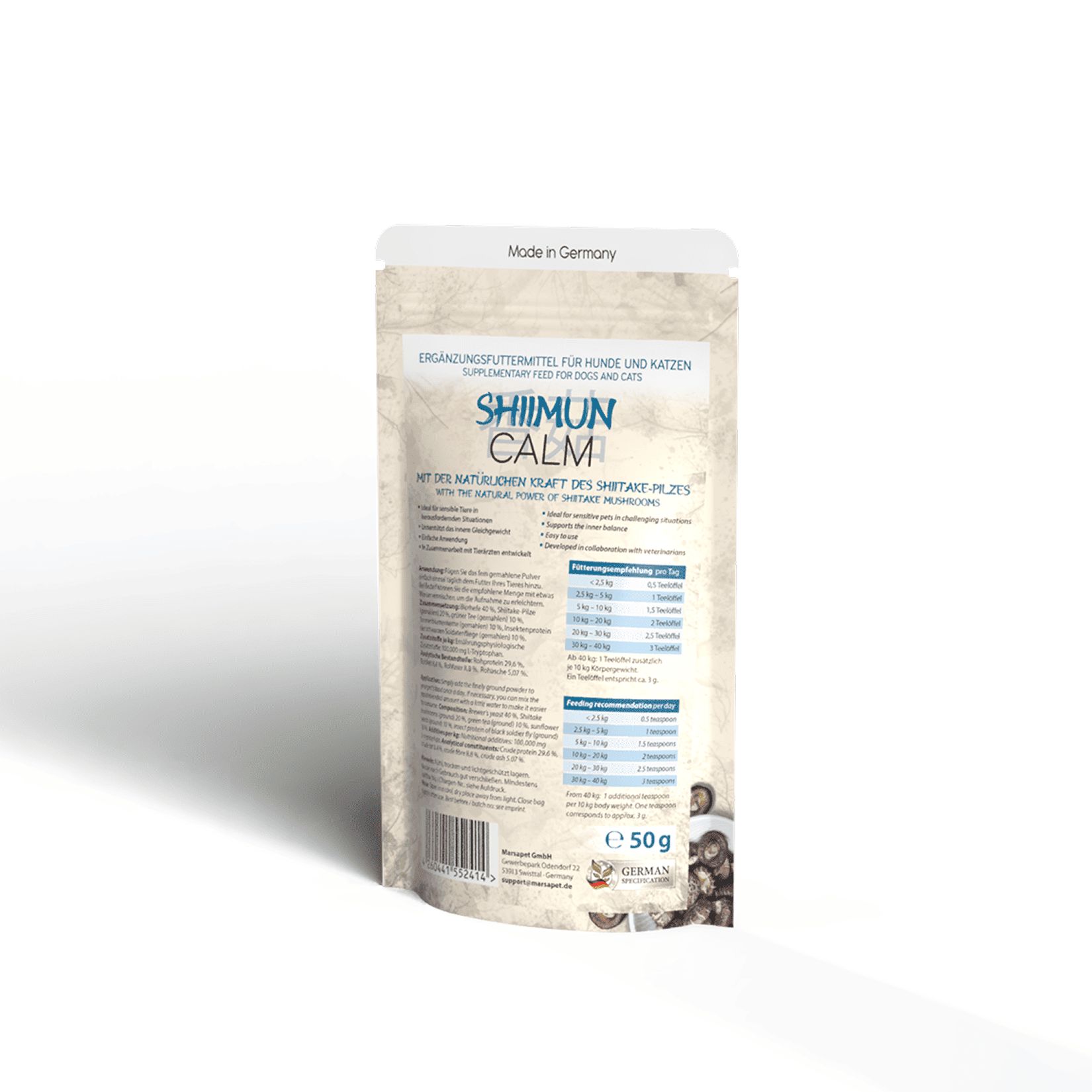 Rückseite eines Beutels Shiimun Calm Pulver. Text: Ergänzungsfuttermittel für Hunde und Katzen. Inhaltsstoffe und Dosierung.