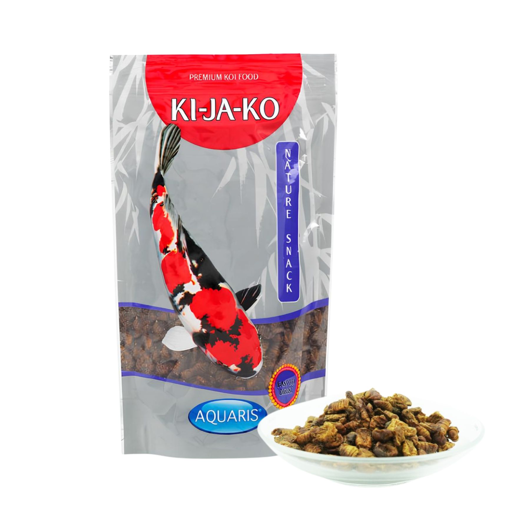 Verpackung von KI-JA-KO Koifischfutter Nature Snack. Beutel mit Koi-Fisch-Illustration und Produkt in Schale.