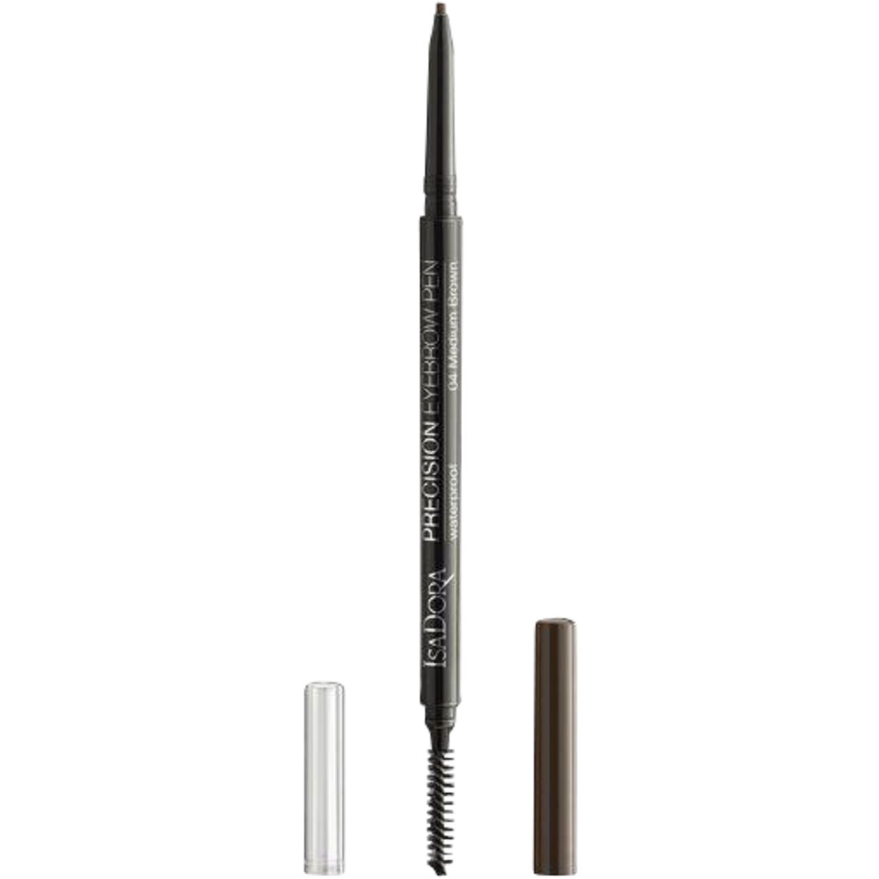 IsaDora Precision Eyebrow Pen. Dunkelbrauner Stift mit Bürste und Kappe. Text: Waterproof. Farbe: Medium Brown. Auf weißem Hintergrund.