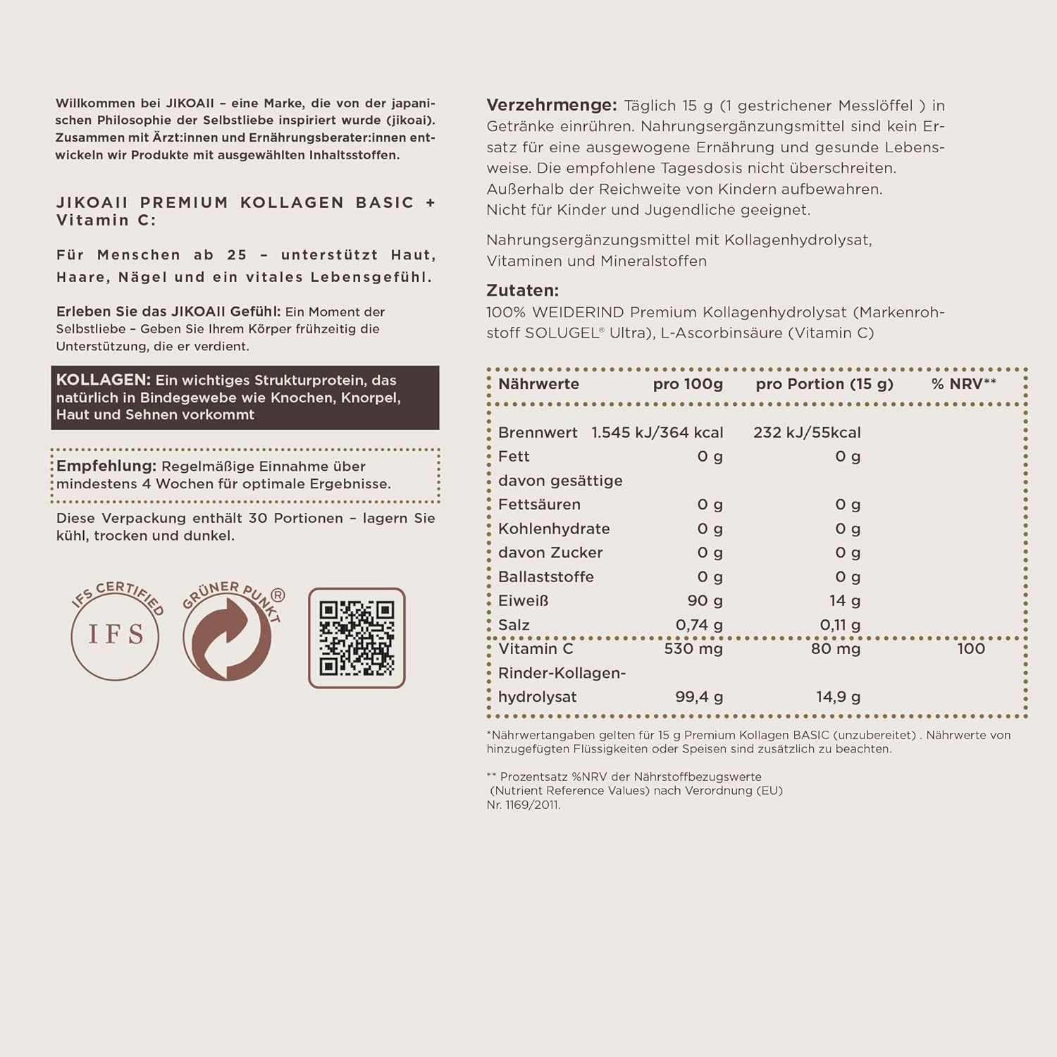 Text und Nährwerttabelle auf weißem Hintergrund. JIKOAII Premium Kollagen Basic + Vitamin C. Enthält 30 Portionen. Zertifiziert.