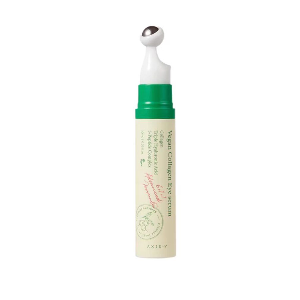 Veganes Kollagen-Augenserum mit kühlendem Applikator. Zeigt die Inhaltsstoffe: Kollagen, Hyaluronsäure, 5-Peptid-Komplex.