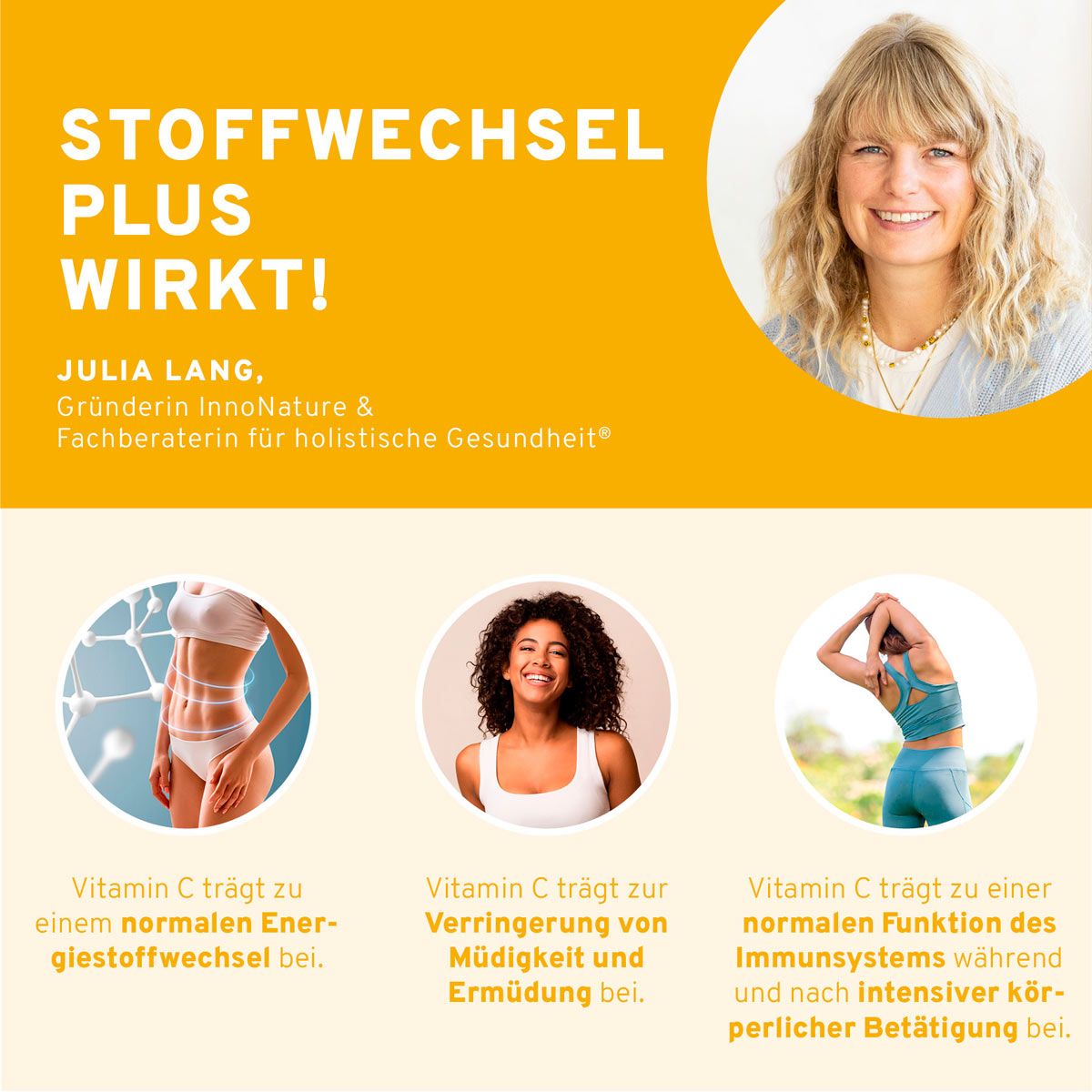 Text und Bilder. Text: "Stoffwechsel Plus wirkt!". Frau lächelt. Bilder: Energie, Müdigkeit, Immunsystem.