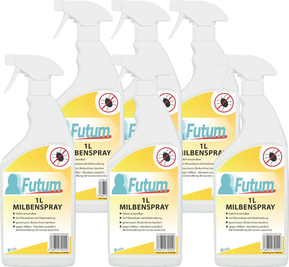 Sechs Flaschen FUTUM Milbenspray, 1L, mit Sprühkopf. Gelb-weiße Etiketten mit Produktinformationen und Inhaltsstoffen.