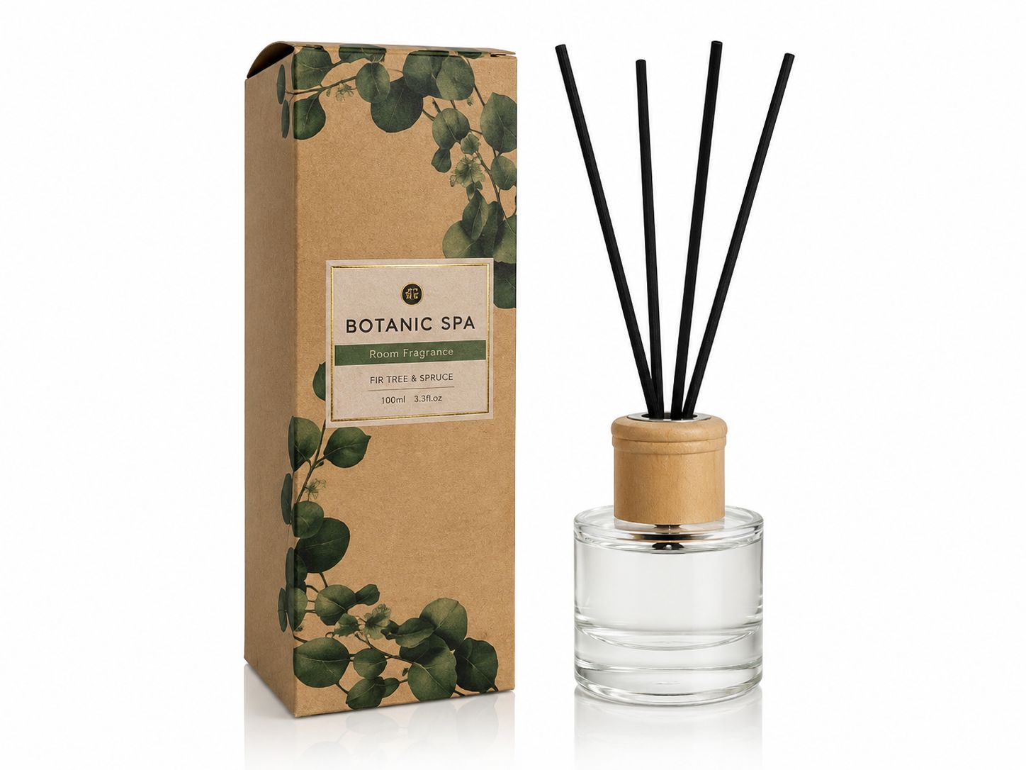 Glasdiffusor mit Holzdeckel und fünf schwarzen Stäbchen, daneben eine Pappverpackung mit botanischem Design.