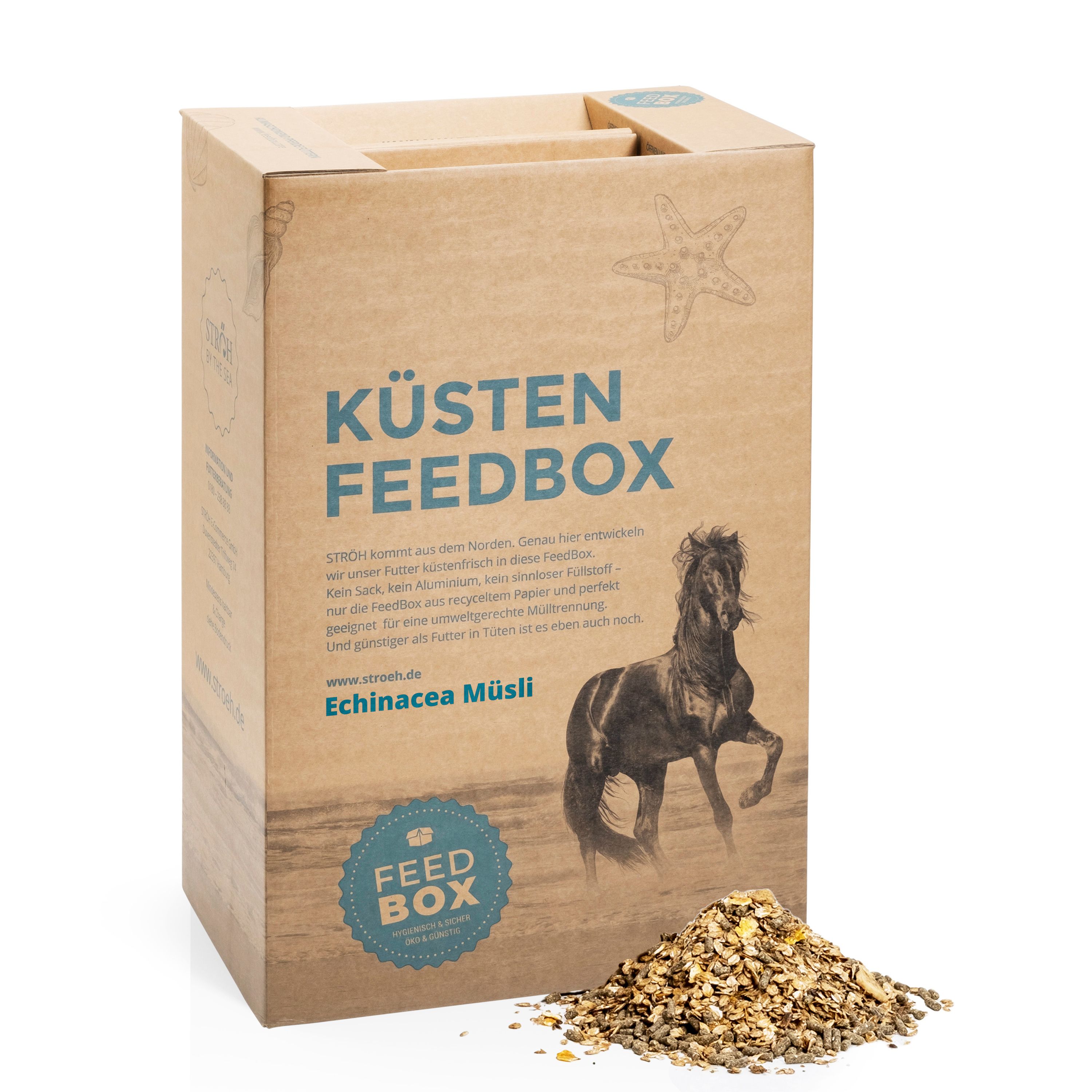 Karton Küsten Feedbox mit Echinacea Müsli. Illustration eines Pferdes. Text: Echinacea Müsli, www.stroeh.de, Feed Box.