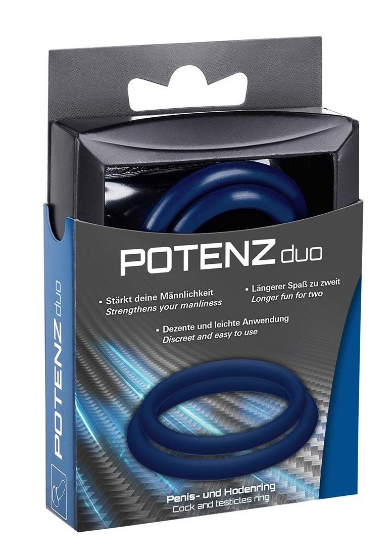 Zwei blaue Penis- und Hodenringe in einer Verpackung mit dem Produktnamen POTENZ duo.