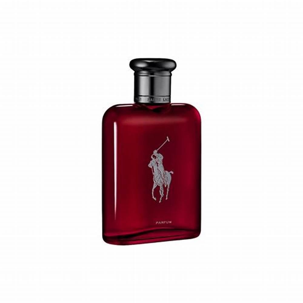 Roter Flakon mit silbernem Logo und schwarzem Verschluss. Aufschrift PARFUM. Rechteckige Form.