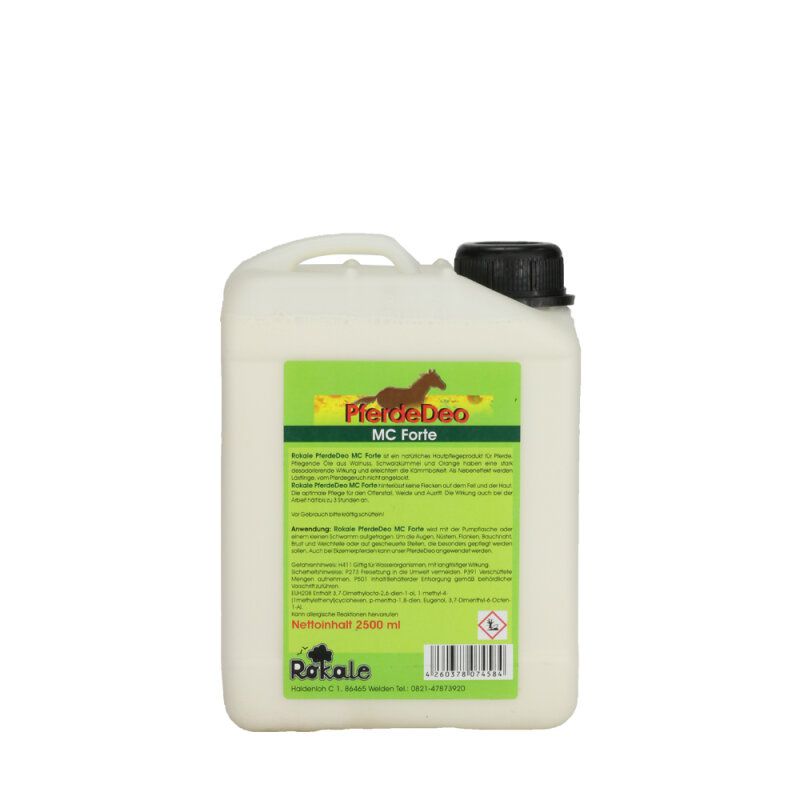 Weißer Kanister mit schwarzem Deckel und Etikett. Aufschrift: Pferdedeo MC Forte, Rokale. 2500 ml.