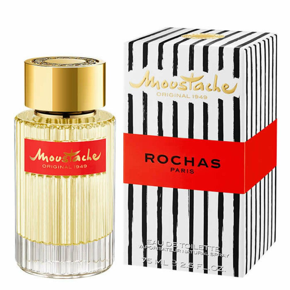 Parfümflakon und Verpackung. Flakon mit goldfarbenem Deckel und rotem Etikett. Verpackung mit Streifenmuster und Schriftzug "Rochas Paris".
