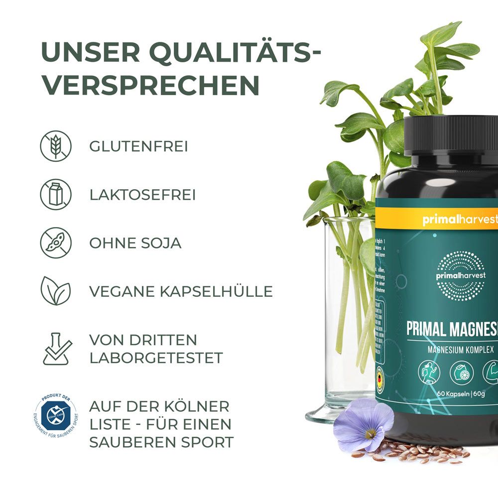 Schwarze Flasche mit gelbem Etikett, Text: Unser Qualitätsversprechen. Symbole für glutenfrei, laktosefrei, ohne Soja, vegane Kapselhülle.