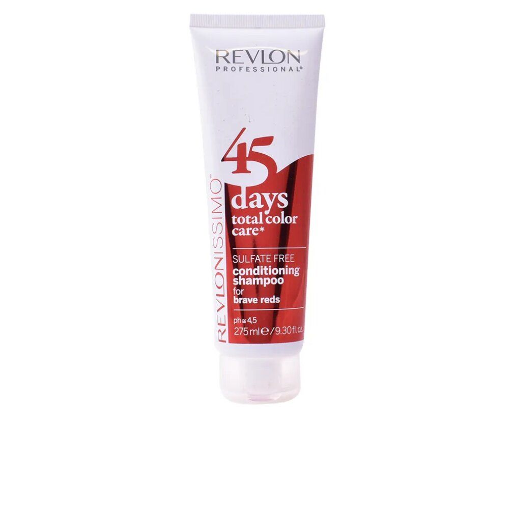 Revlon Revlonissimo 45 Days Shampoo. Weiße Tube mit roter Schrift. Enthält "Sulfate Free Conditioning Shampoo for brave reds".