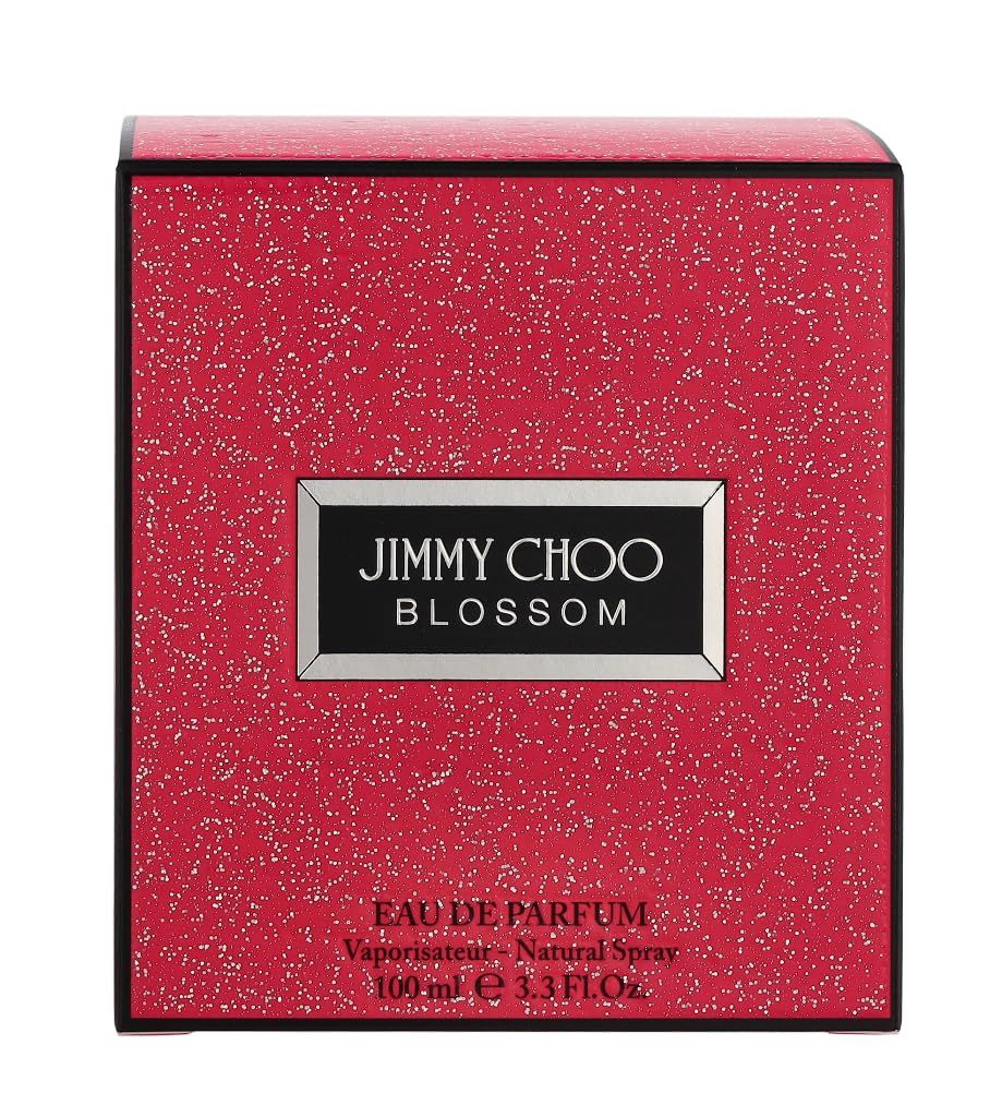Rote Verpackung mit Glitzereffekt. Aufschrift "JIMMY CHOO BLOSSOM". Schwarzer Rahmen. Text: Eau de Parfum.