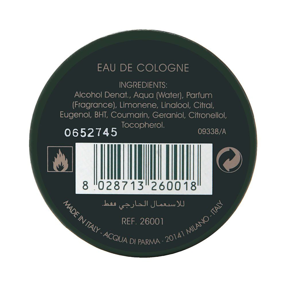 Runder Deckel, grün. Aufschrift: Eau de Cologne, Inhaltsstoffe, Barcode, Ref. 26001, Made in Italy.
