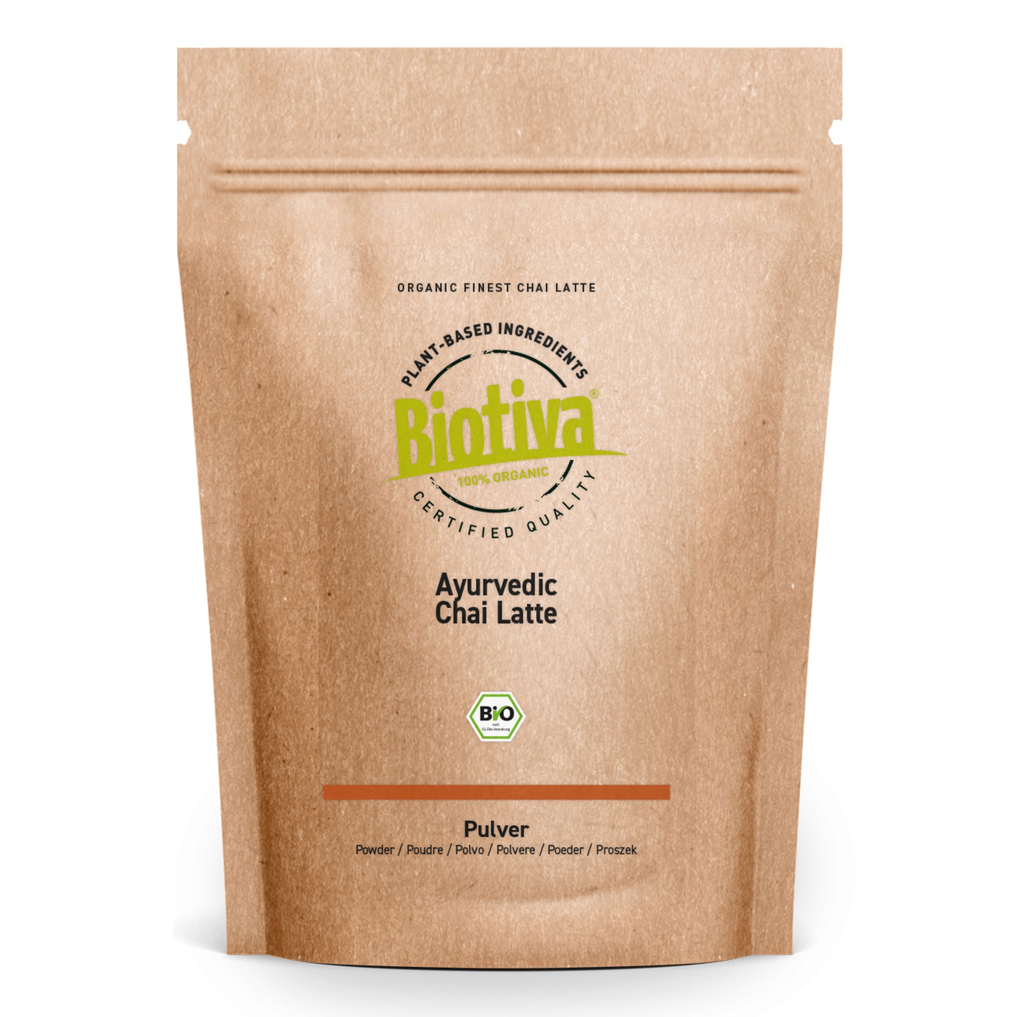 Beutel mit Biotiva Chai Latte Bio. Aufschrift: Ayurvedic Chai Latte, Pulver. Bio-Siegel und Plant-based Ingredients.