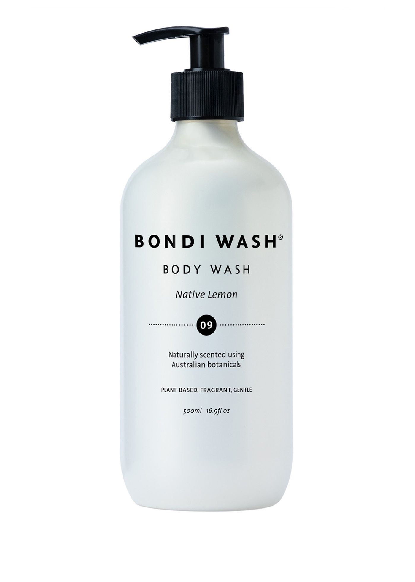 Weiße Flasche mit schwarzem Pumpkopf. Aufschrift: Bondi Wash Body Wash Native Lemon. Enthält australische Pflanzenstoffe.