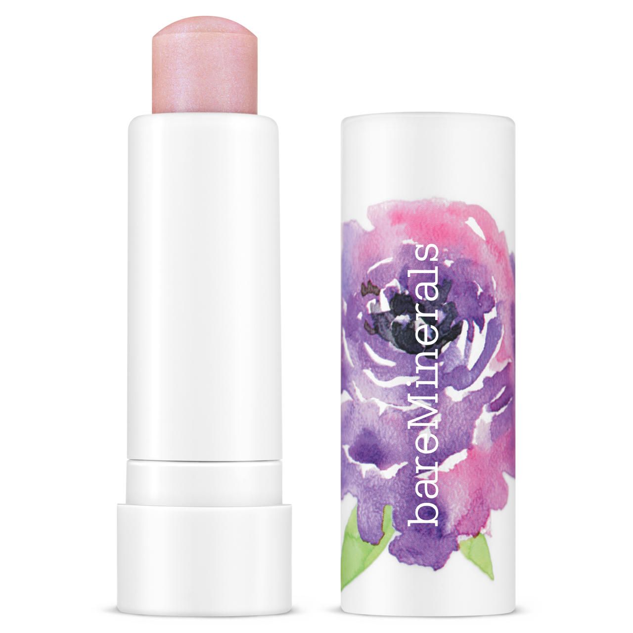 Highlighter-Stick. Weißer Behälter mit rosa Spitze. Daneben eine weiße Hülse mit lila Blumenmuster und bareMinerals-Logo.