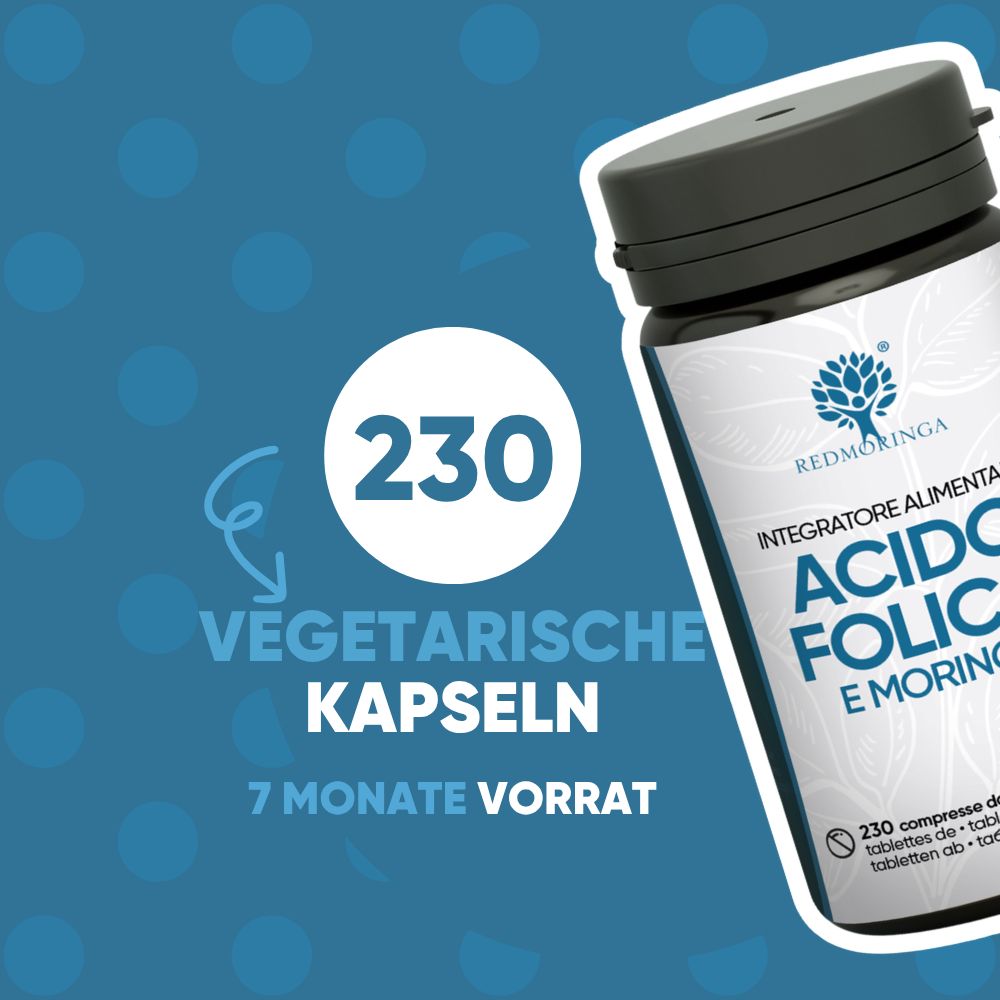 Flasche mit Text: ACIDO FOLICO E MORINGA. Text: 230 vegetarische Kapseln. 7 Monate Vorrat. Text in deutscher Sprache.