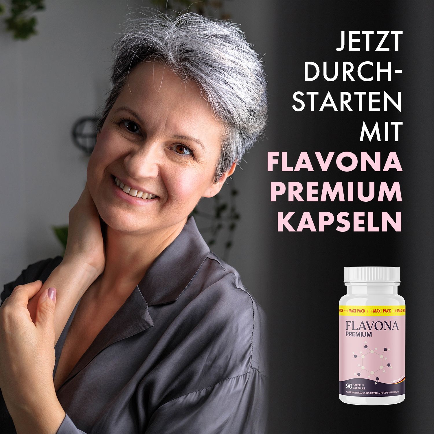 Frau lächelt. Im Hintergrund eine Flasche mit Kapseln. Aufschrift: Flavona Premium Kapseln, 90 Kapseln. Text: Jetzt durchstarten.