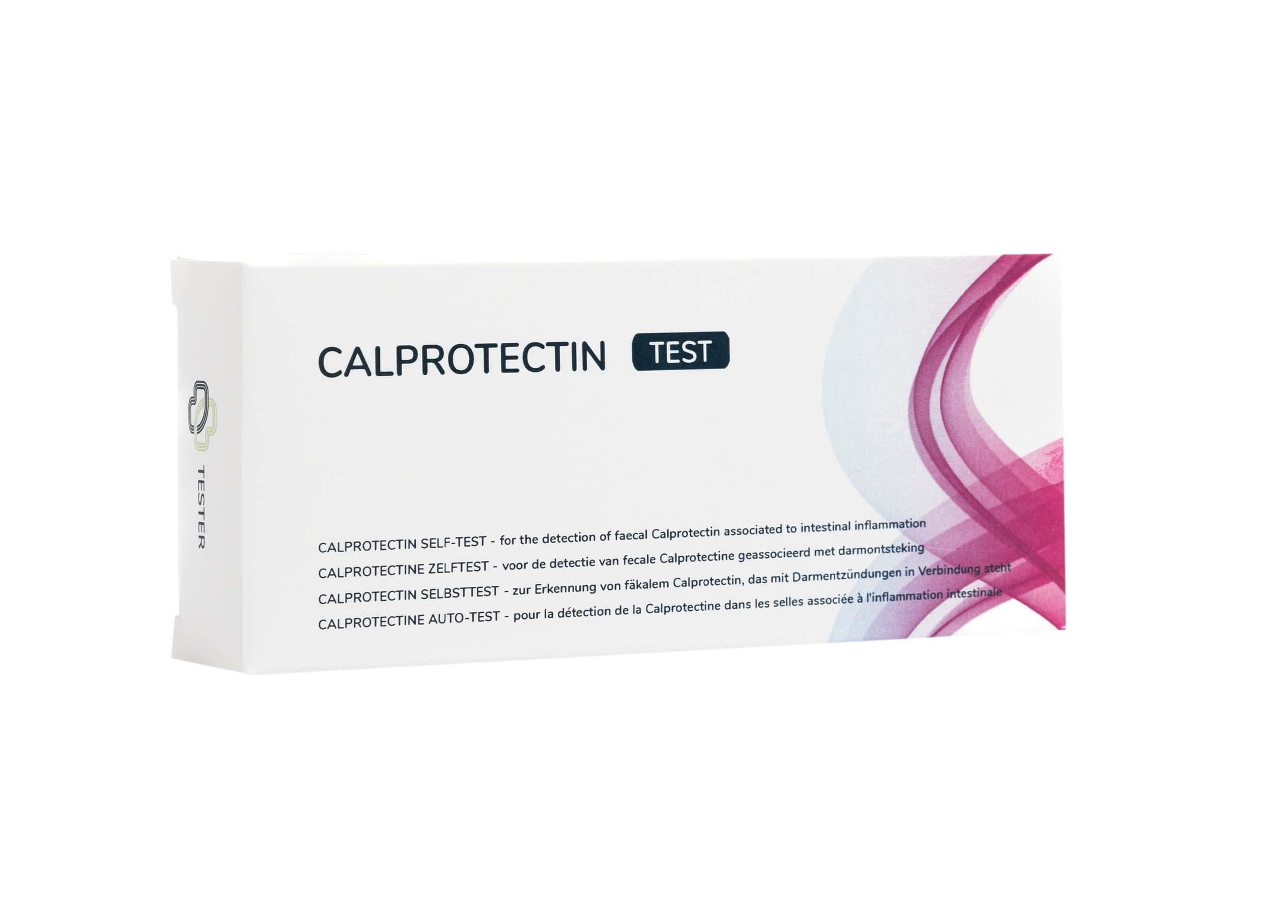 Calprotectin Test: Kartonverpackung mit Produktinformationen und grafischen Elementen.