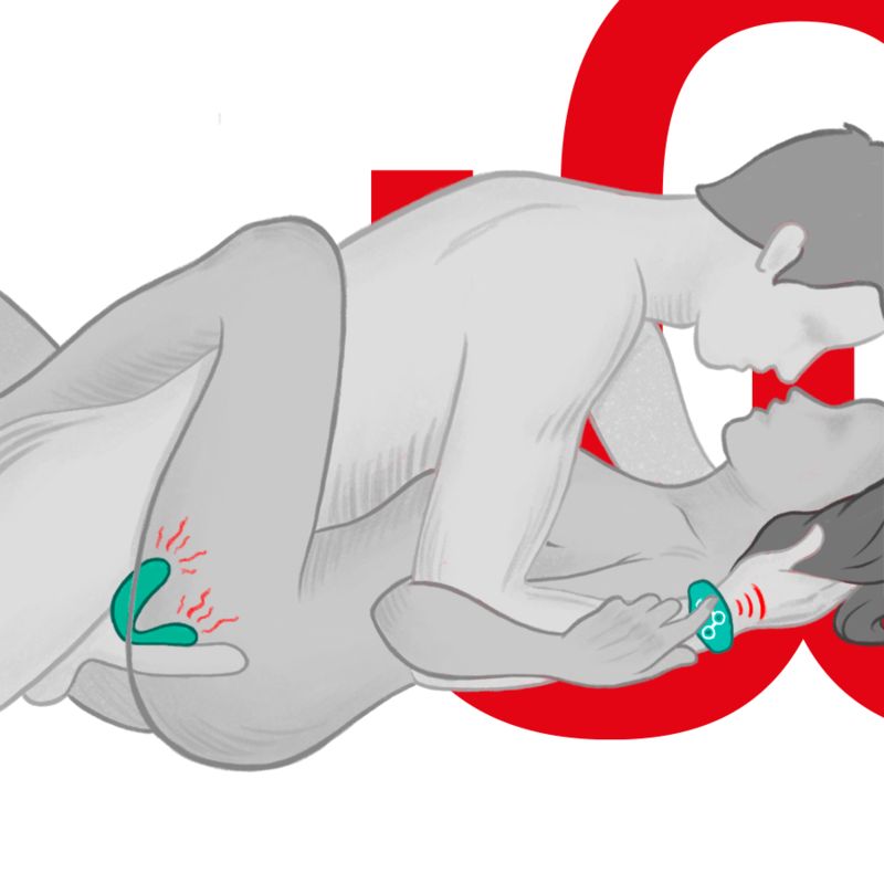 Illustration: Paar. Mann und Frau. Intim-Produkt in Gebrauch. Watchme-Uhr am Handgelenk.