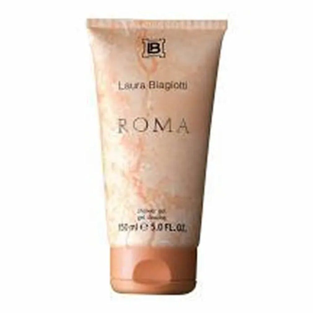 Beige Tube mit "Laura Biagiotti ROMA". Brauner Deckel. Aufschrift "Shower gel".