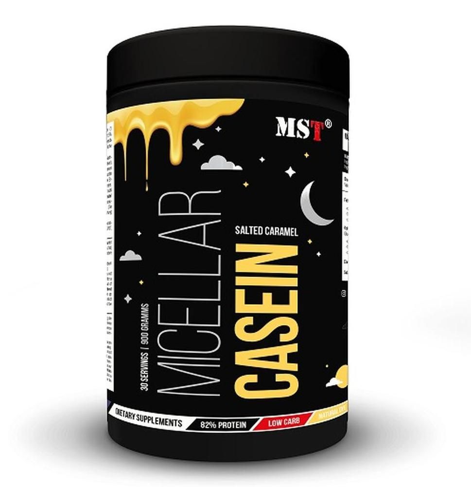Schwarzer Behälter mit MST Micellar Casein, Salted Caramel Geschmack, 900 Gramm.