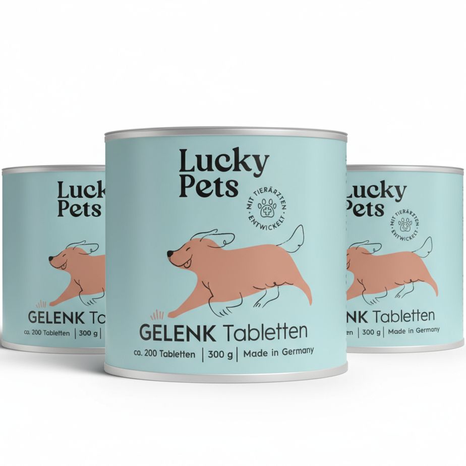 Drei Dosen Gelenktabletten. Text: Lucky Pets, Gelenk Tabletten, ca. 200 Tabletten, 300g, Made in Germany. Mit Tierärzten entwickelt.
