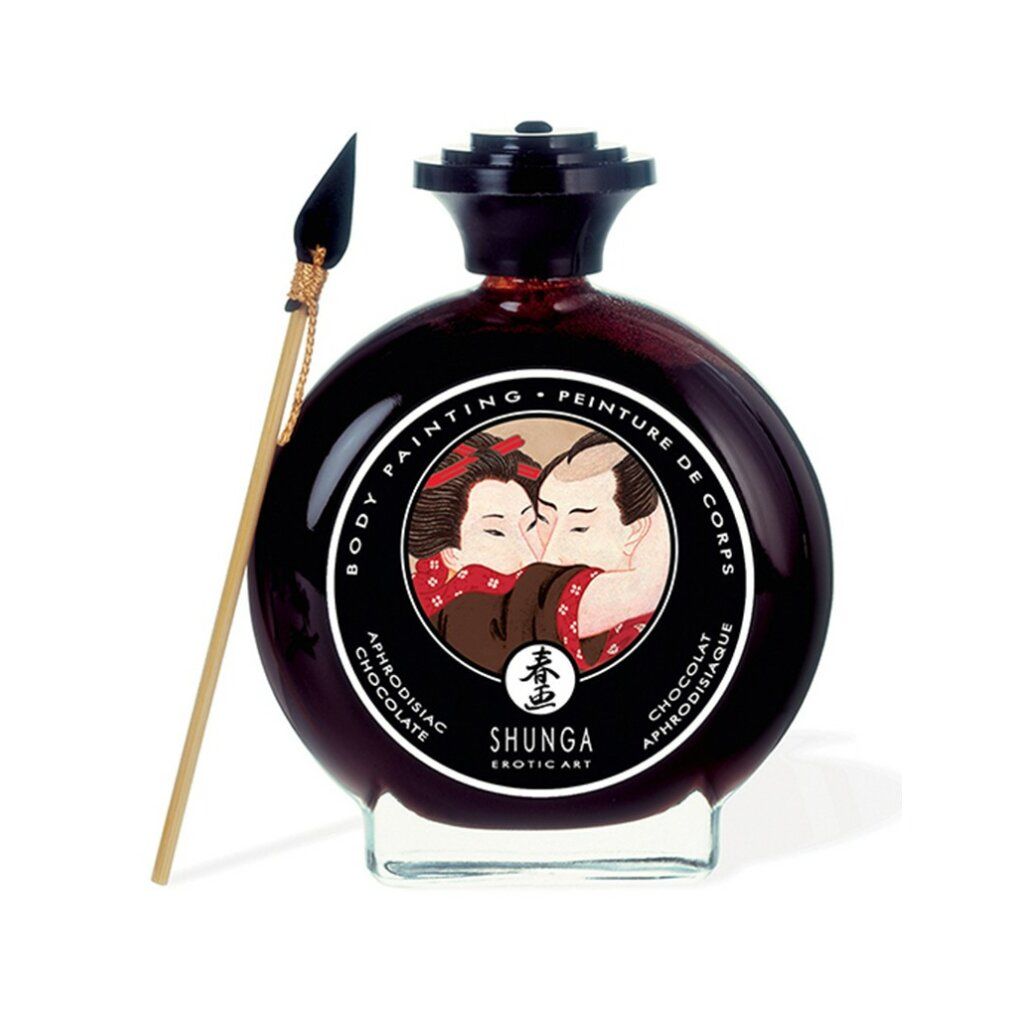 Runde Flasche mit dunkler Flüssigkeit. Etikett mit Paar-Illustration und Schriftzug SHUNGA. Mit Applikator.