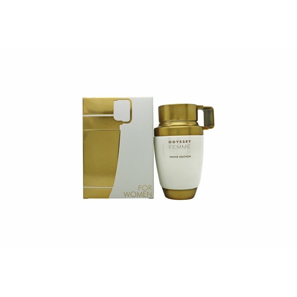 Parfümflakon und Verpackung. Weiß-goldfarben. Aufschrift: Odyssey Femme White Edition. Für Frauen.