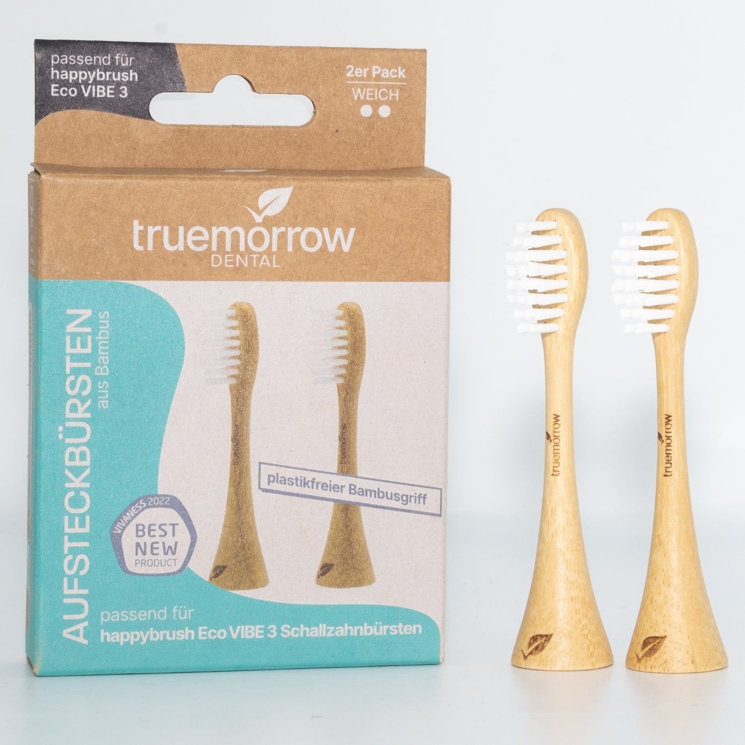truemorrow Aufsteckbürsten aus Bambus für happybrush Eco Vibe 3 (2er Pack), Weiss-Weich