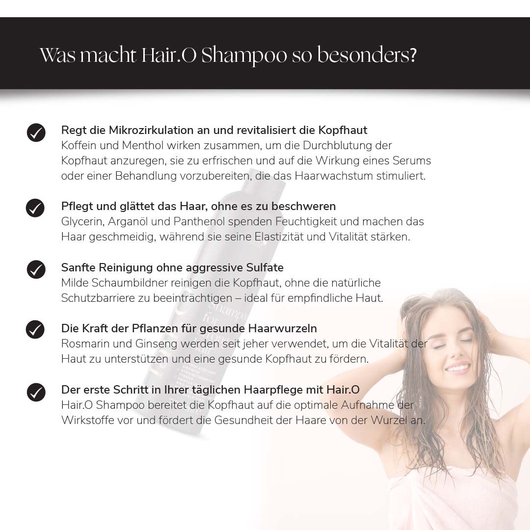 Text auf weißem Hintergrund. Enthält Informationen über das Shampoo. Vegan, Cruelty Free und Dermatologisch getestet.