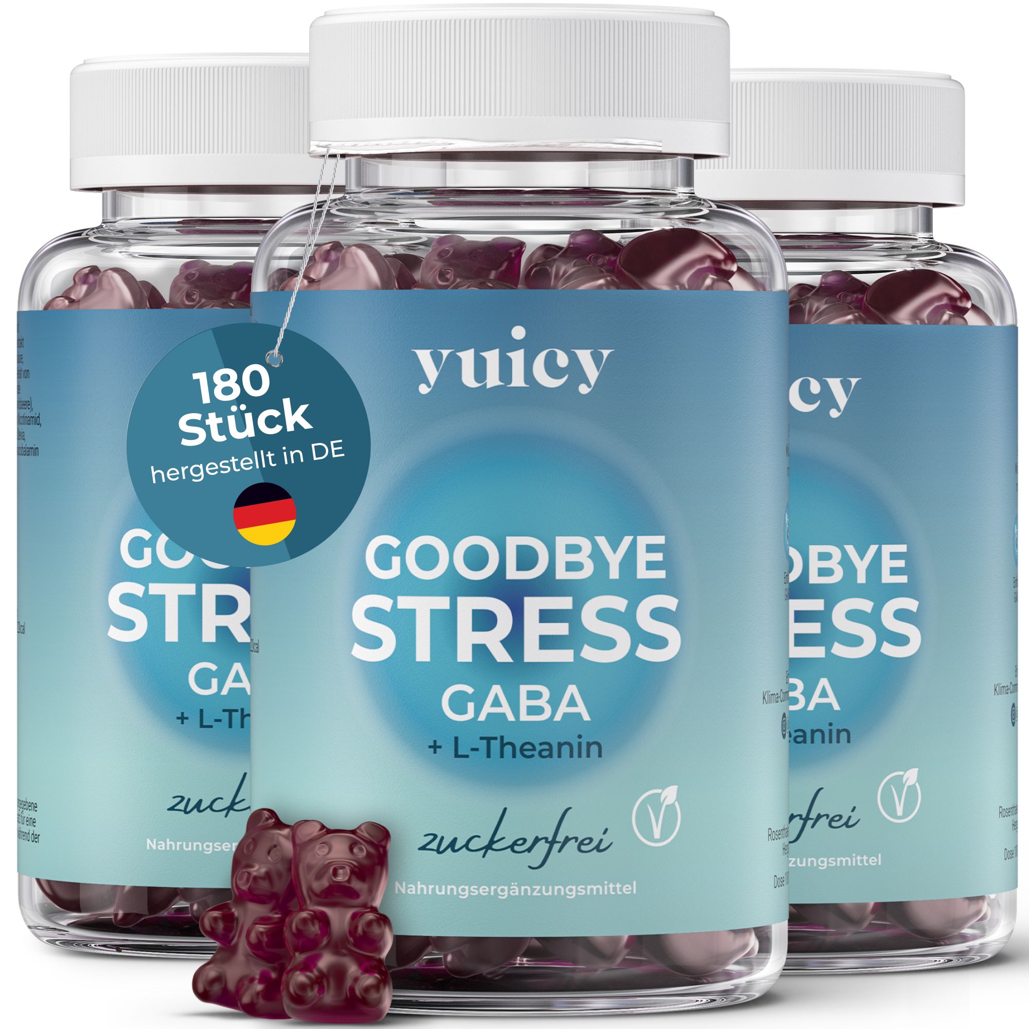 Drei Flaschen yuicy® Good Bye Stress GABA Gummibärchen. Aufkleber mit 180 Stück und hergestellt in Deutschland.