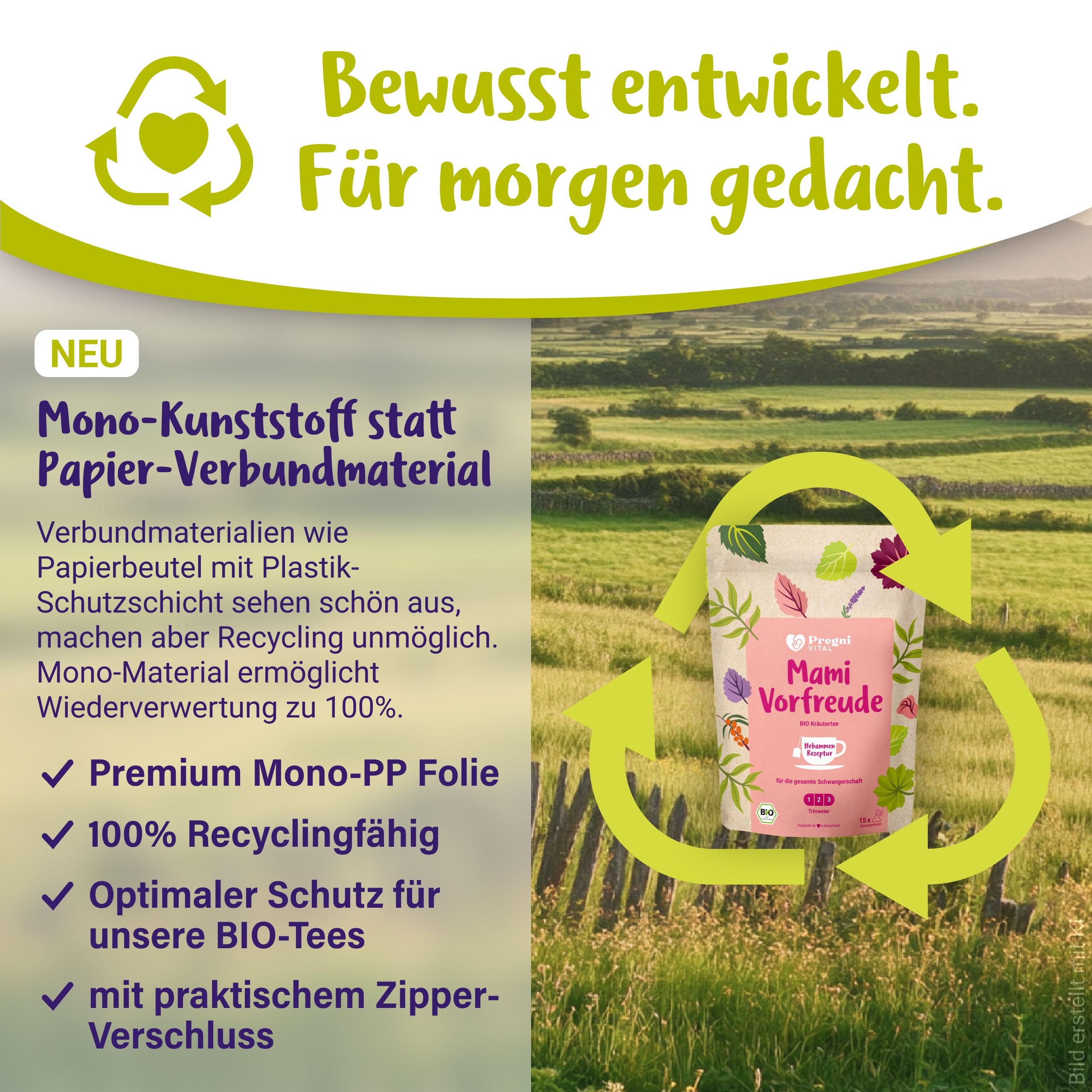 Verpackung Mami Vorfreude Tee aus 100% recycelbarem Mono-PP Folie.