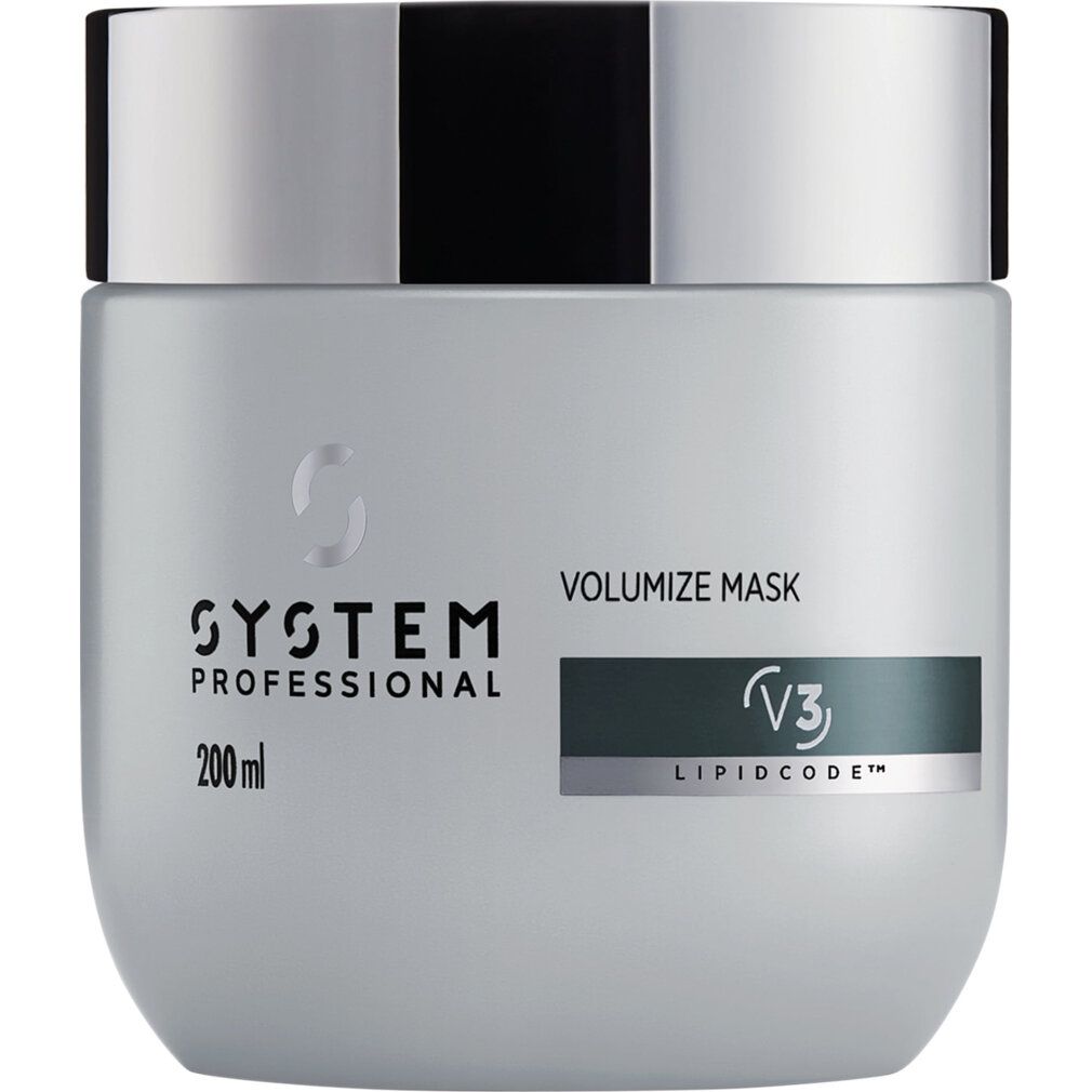 Graue Dose mit silbernem Deckel. Aufschrift: System Professional, Volumize Mask V3, Lipidcode. 200 ml.