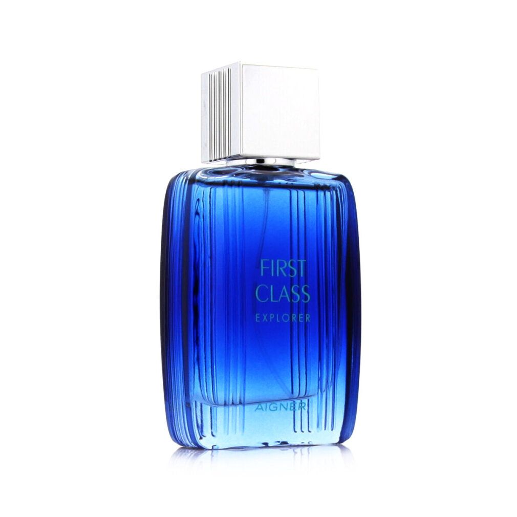 Aigner First Class Explorer Eau de Toilette Flakon mit silbernem Verschluss, von vorne.