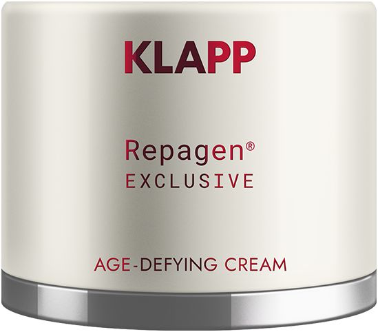Creme-Dose Klapp Repagen Exclusive Global Anti-Age Cream. Schriftzug: Klapp, Repagen Exclusive, Age-Defying Cream. Silberner Rand.