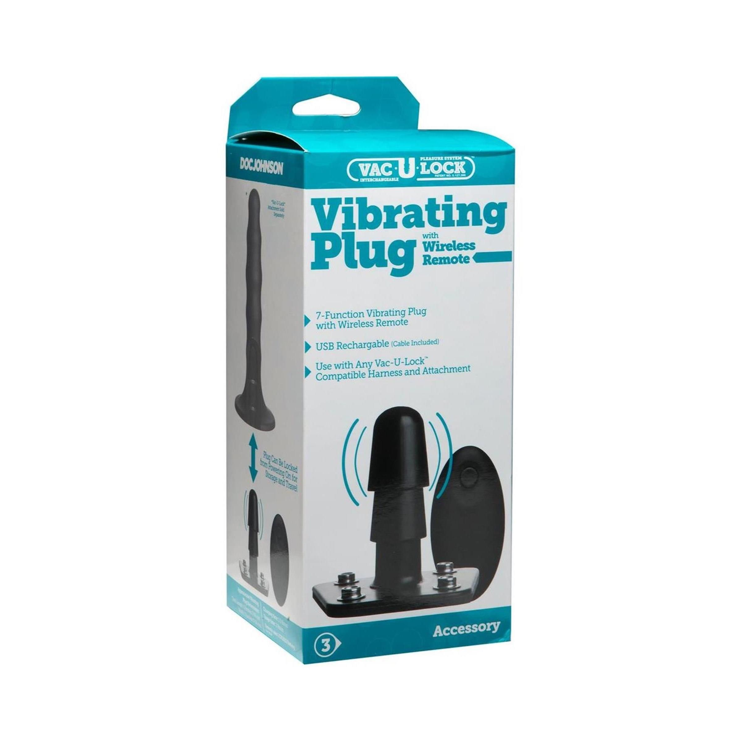 Verpackung mit Vibrations-Plug und Fernbedienung. Text: Vibrating Plug, Wireless Remote. Zubehör.