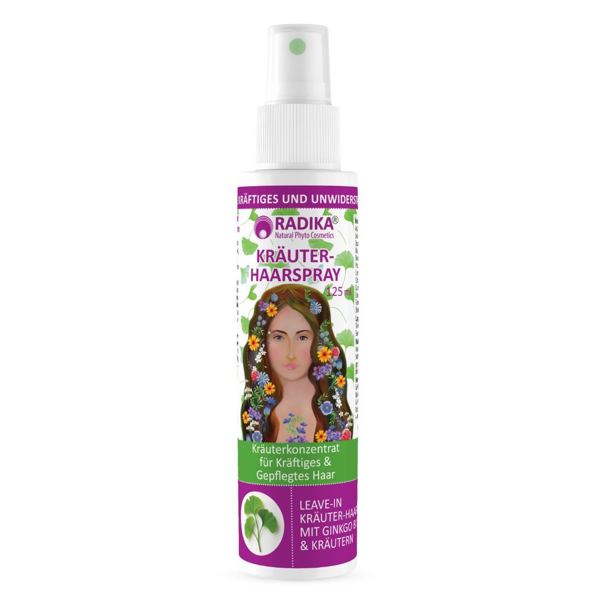 Weißes Spray mit grüner Sprühvorrichtung. Etikett mit Illustration einer Frau mit Blumen im Haar. Text: Kräuter-Haarspray.