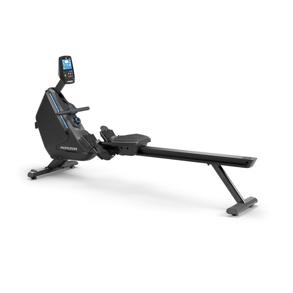 Schwarzer Ruderergometer. Horizon Fitness Logo. Auf weißem Hintergrund.
