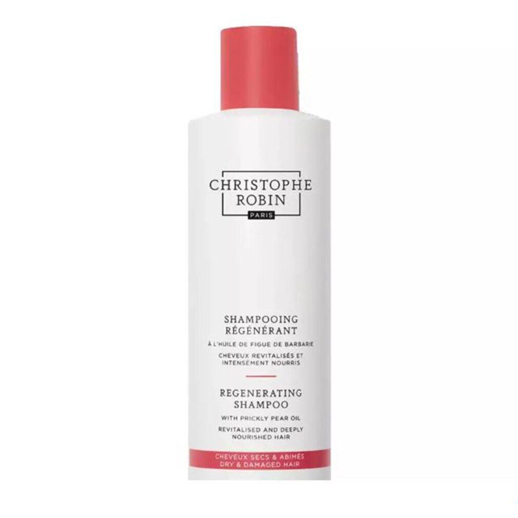 Weiße Flasche mit rotem Verschluss. Aufschrift: CHRISTOPHE ROBIN PARIS, SHAMPOOING REGENERANT, REGENERATING SHAMPOO.